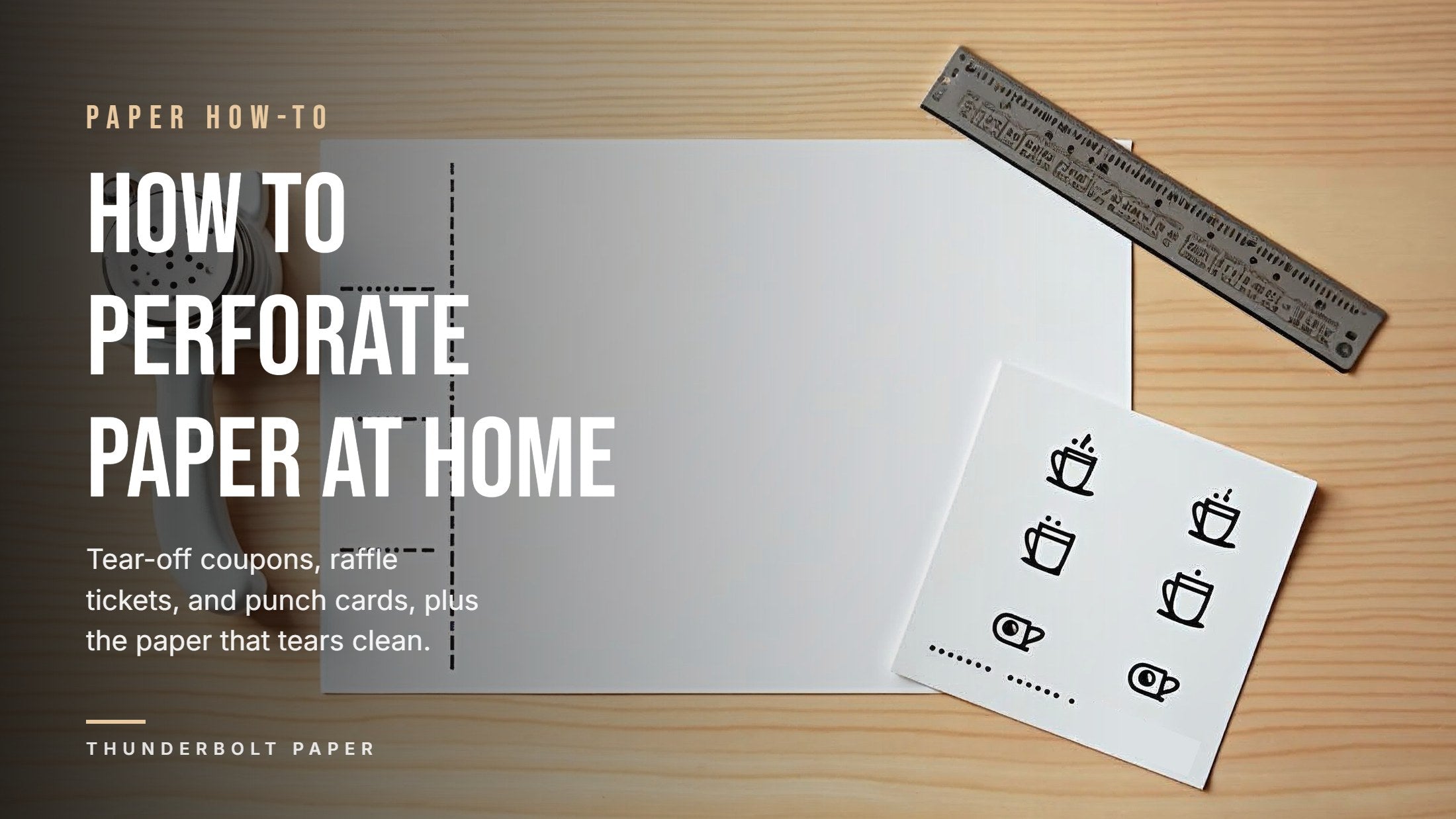 Printed coffee punch card with a perforated tear-off line next to a sheet of white cardstock and a perforating tool