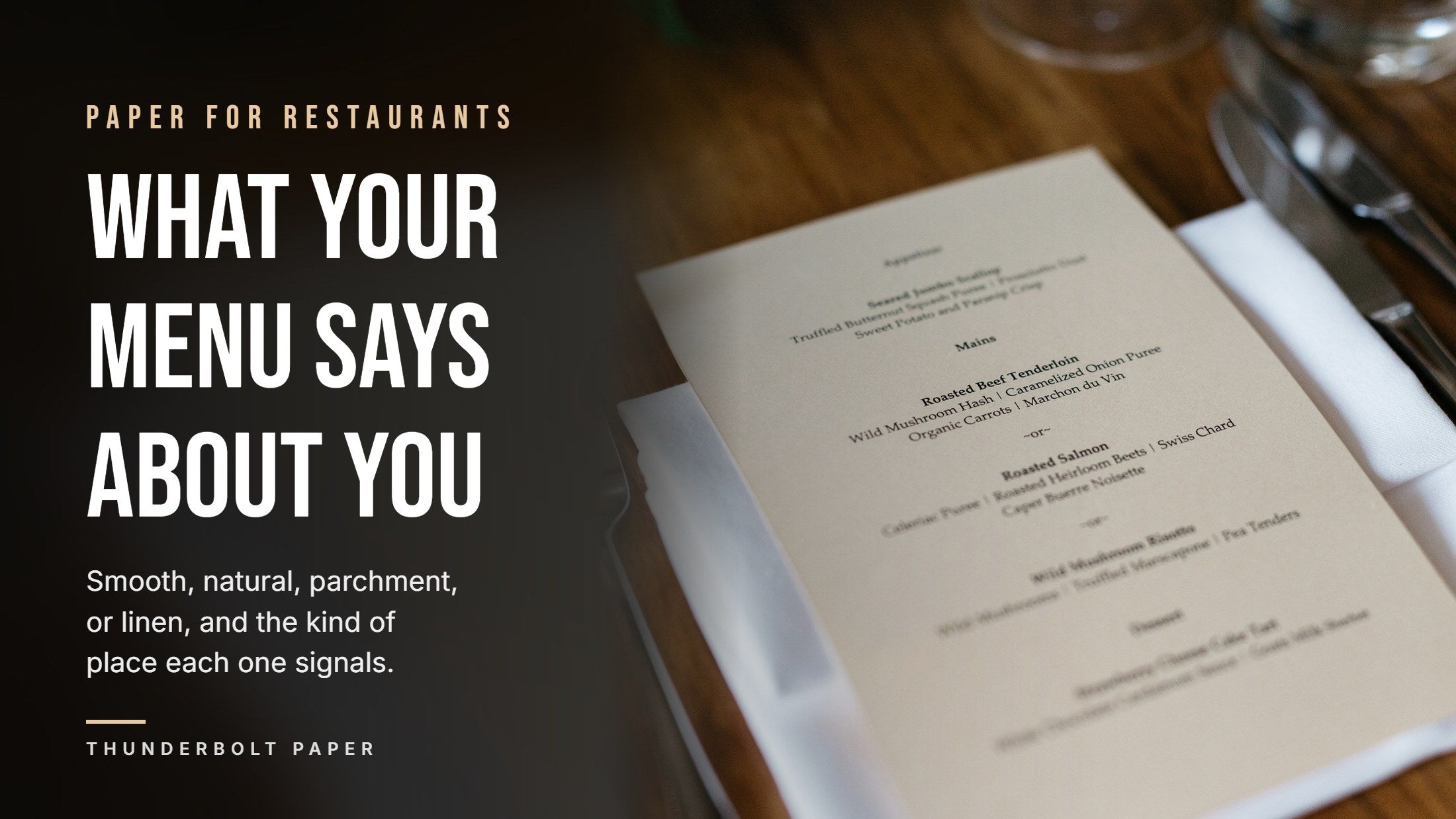 A printed dinner menu on cream paper resting on a white napkin at a set restaurant table