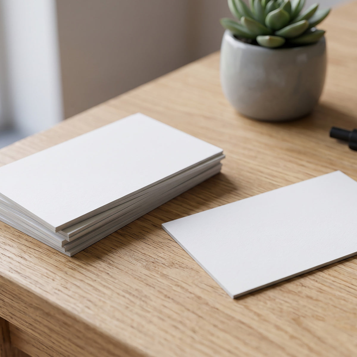 A stack of white business cards on a wood desk